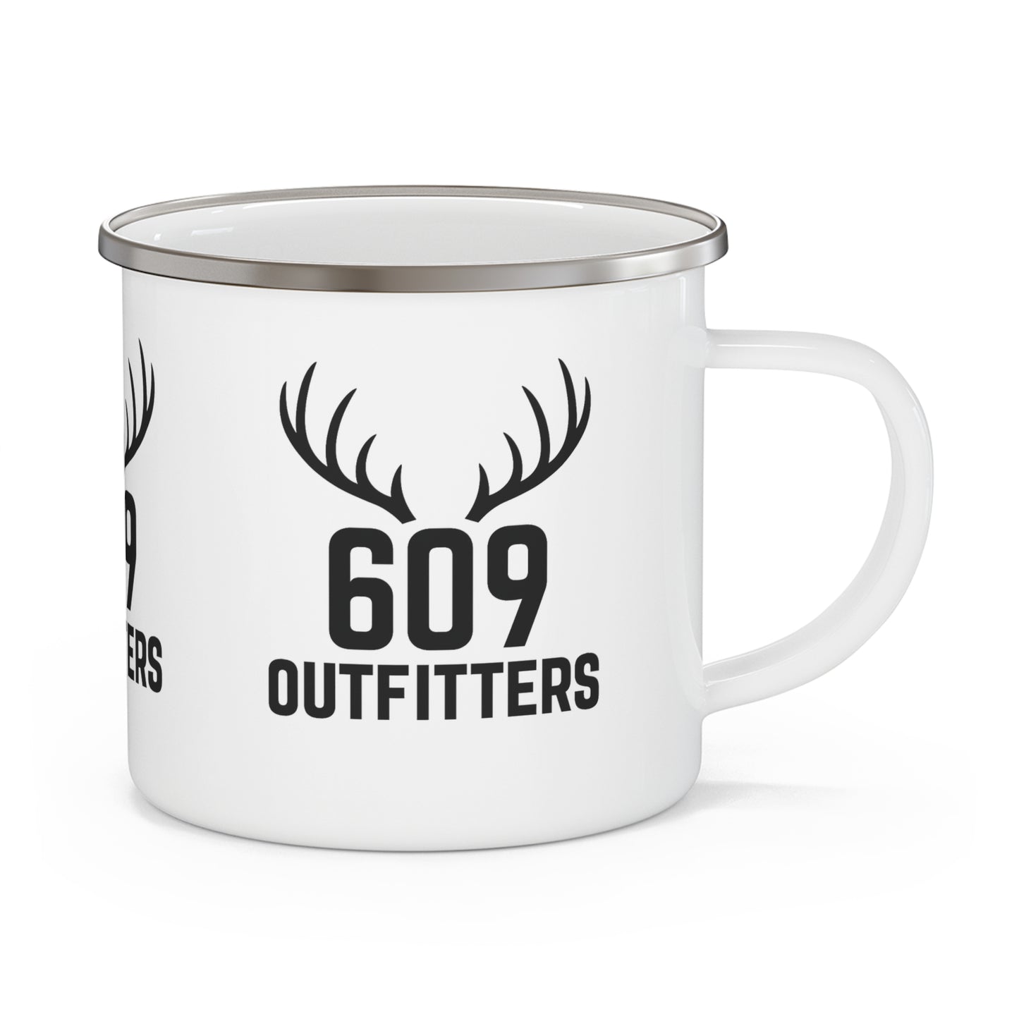 609 Outfitters Enamel Camping Mug — Rustic Outdoor Coffee Cup - Classic Antler Logo White