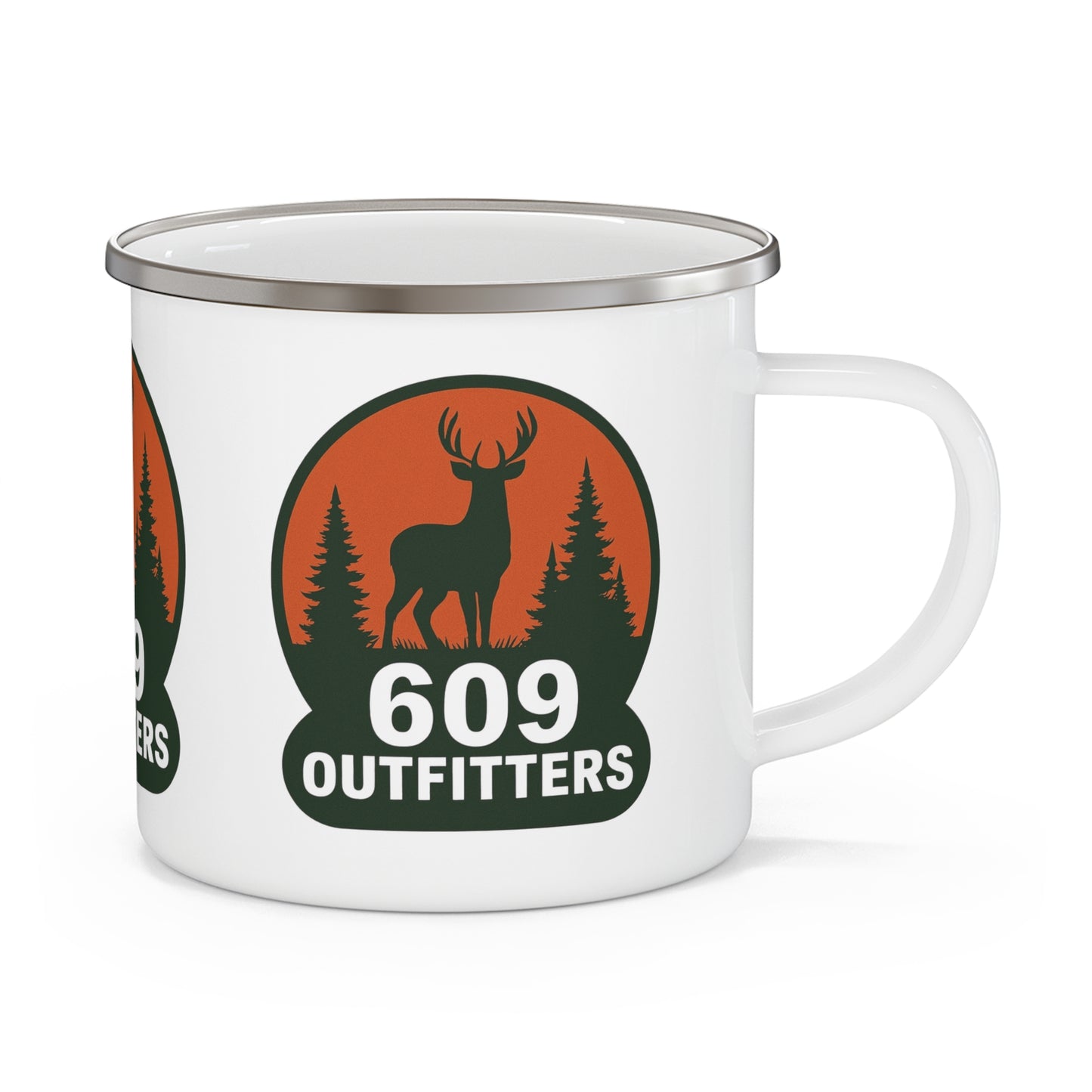 609 Outfitters Enamel Camping Mug — Rustic Outdoor Coffee Cup - Deer Badge Logo White
