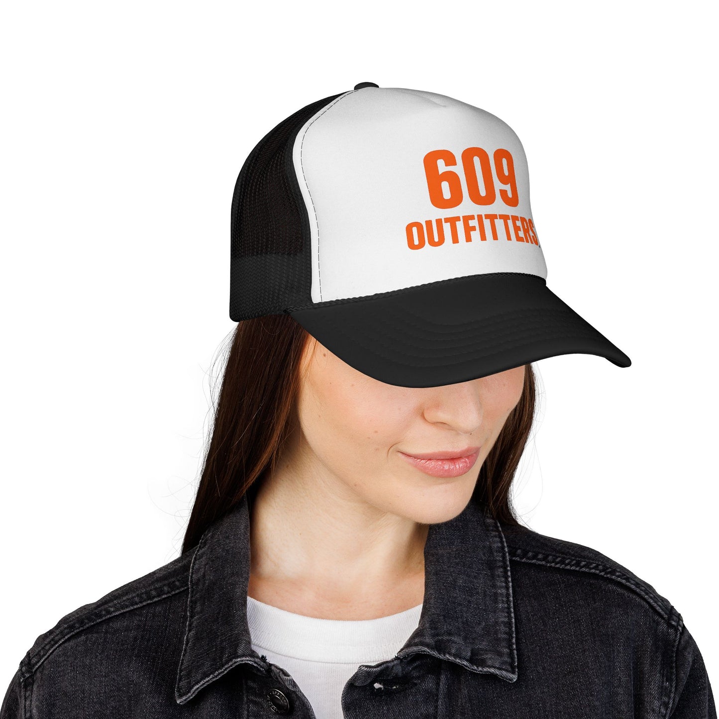 Simple Trucker Hat | Black Orange Brand Logo | Unisex Style by 609 Outfitters