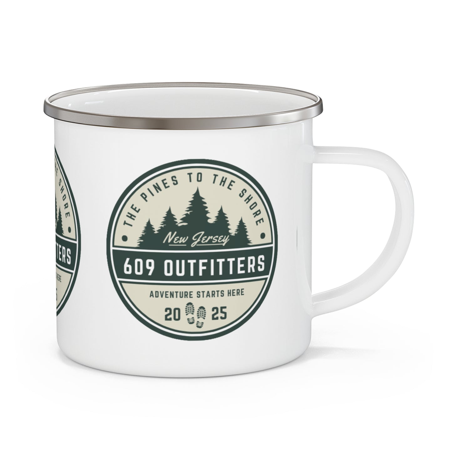 609 Outfitters Enamel Camping Mug — Rustic Outdoor Coffee Cup - Pines Badge Logo