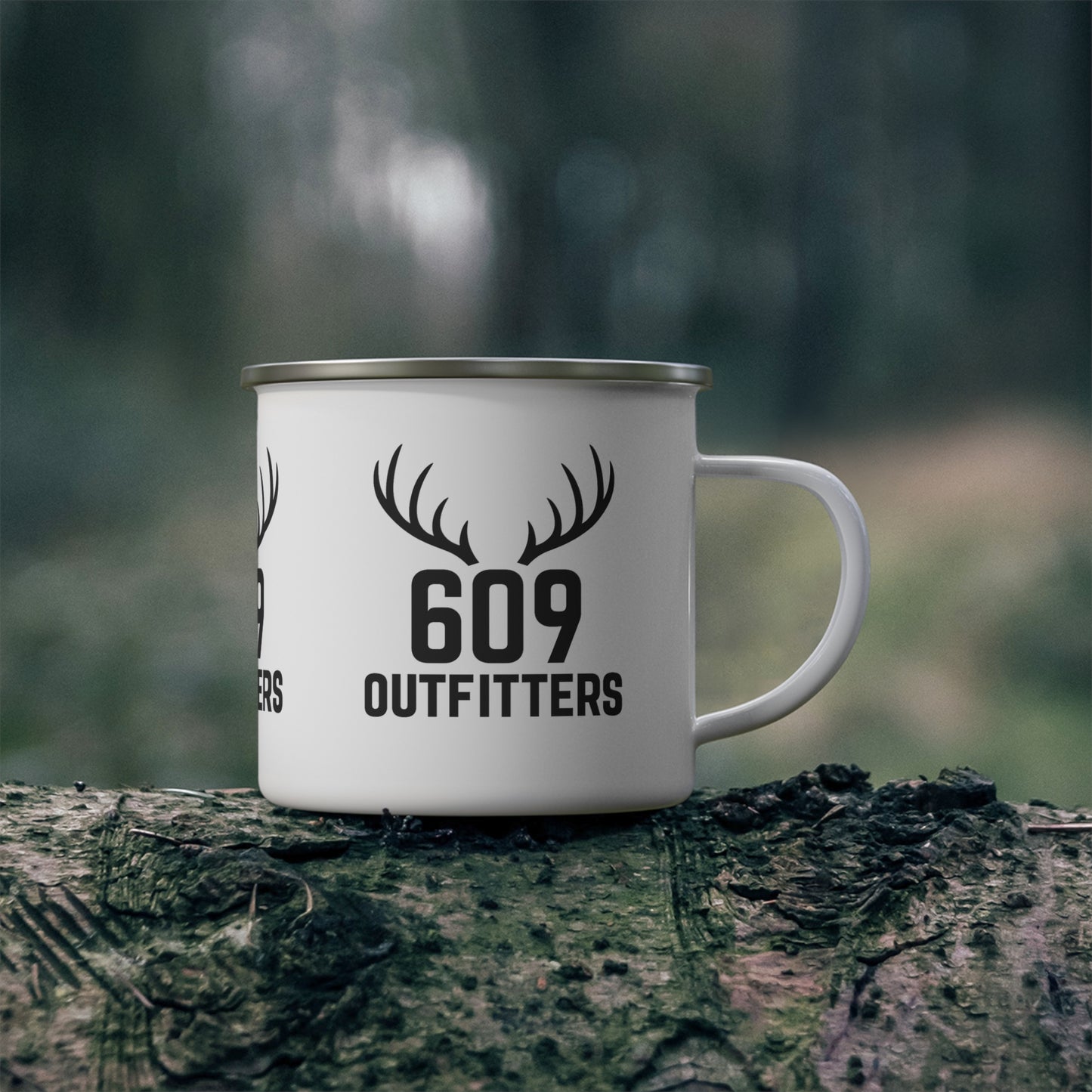 609 Outfitters Enamel Camping Mug — Rustic Outdoor Coffee Cup - Classic Antler Logo White