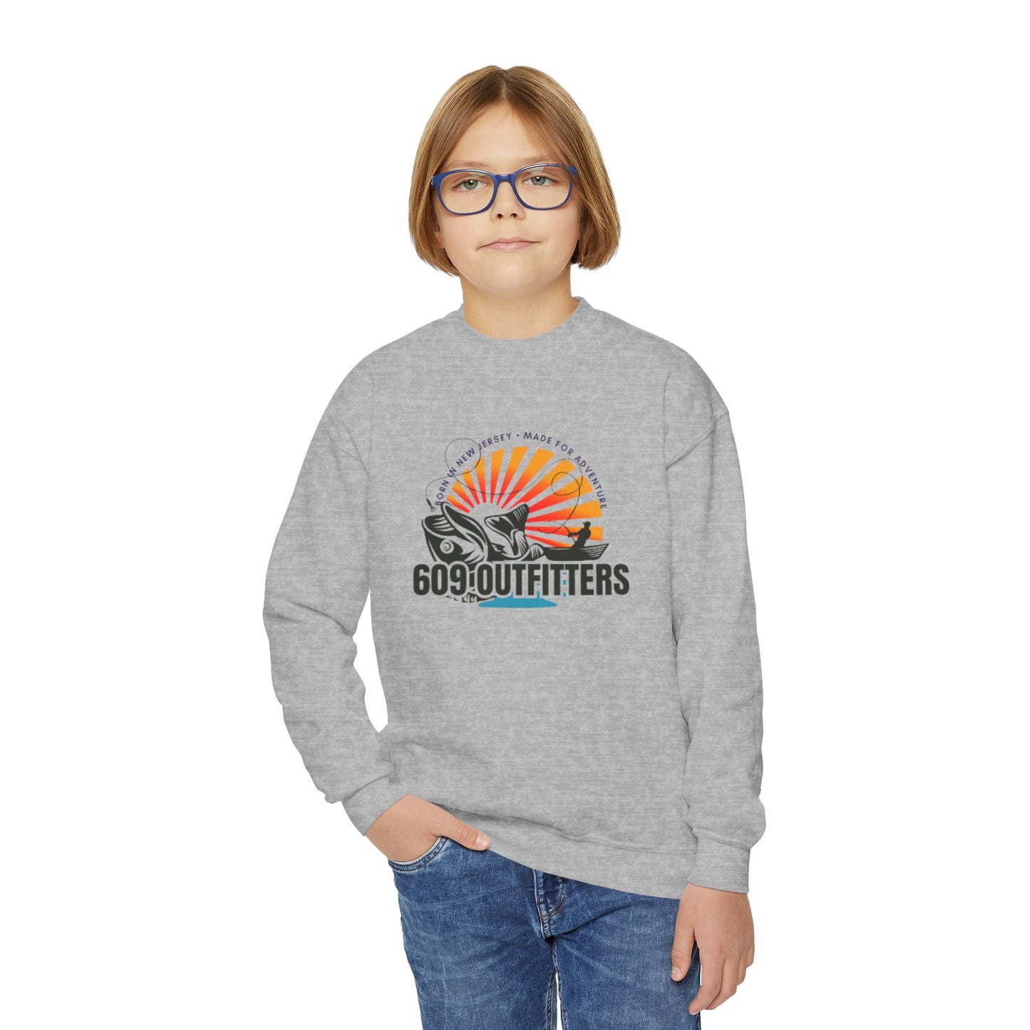 Born in NJ Fishing Logo Youth Crewneck Sweatshirt