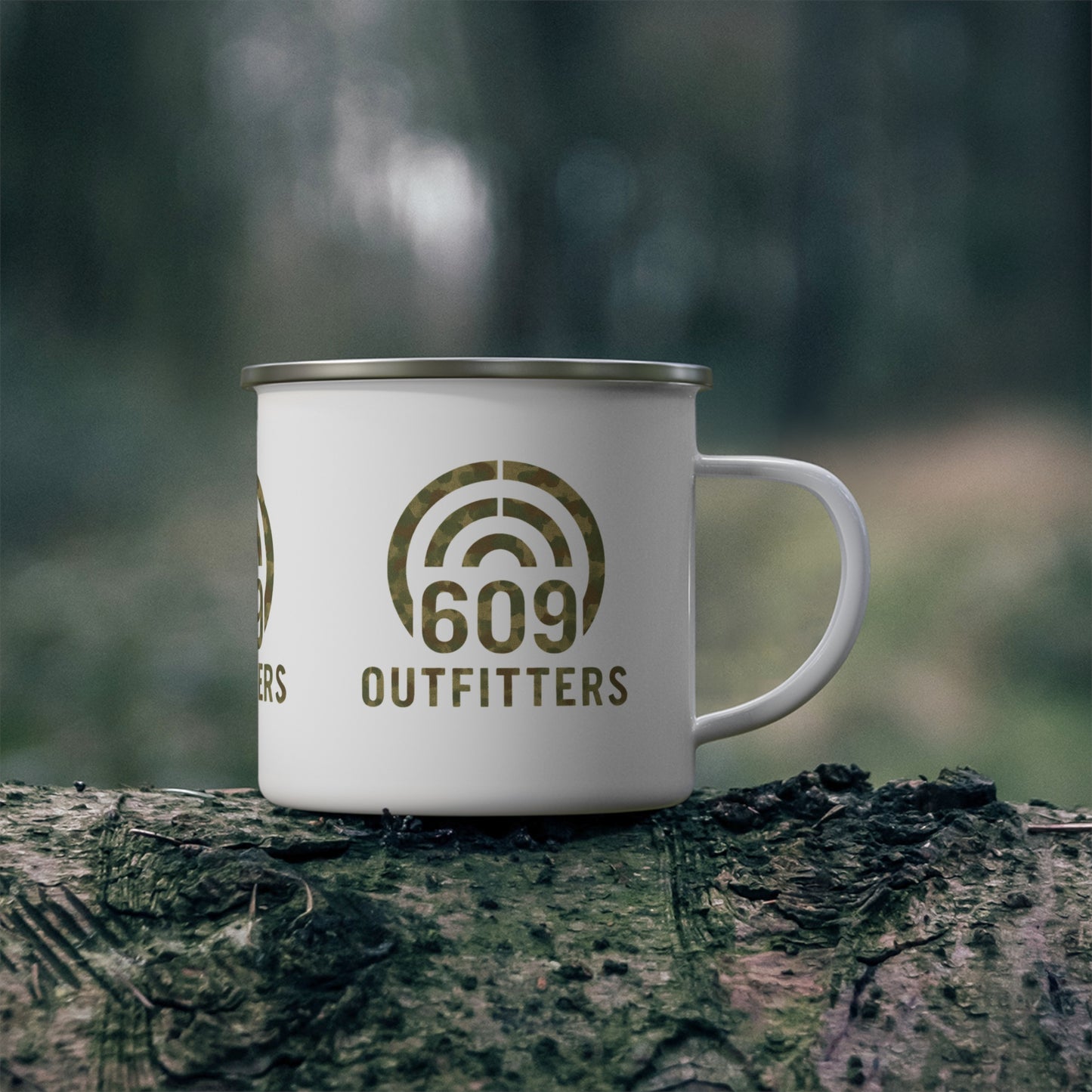 609 Outfitters Enamel Camping Mug — Rustic Outdoor Coffee Cup - Camo Target Logo
