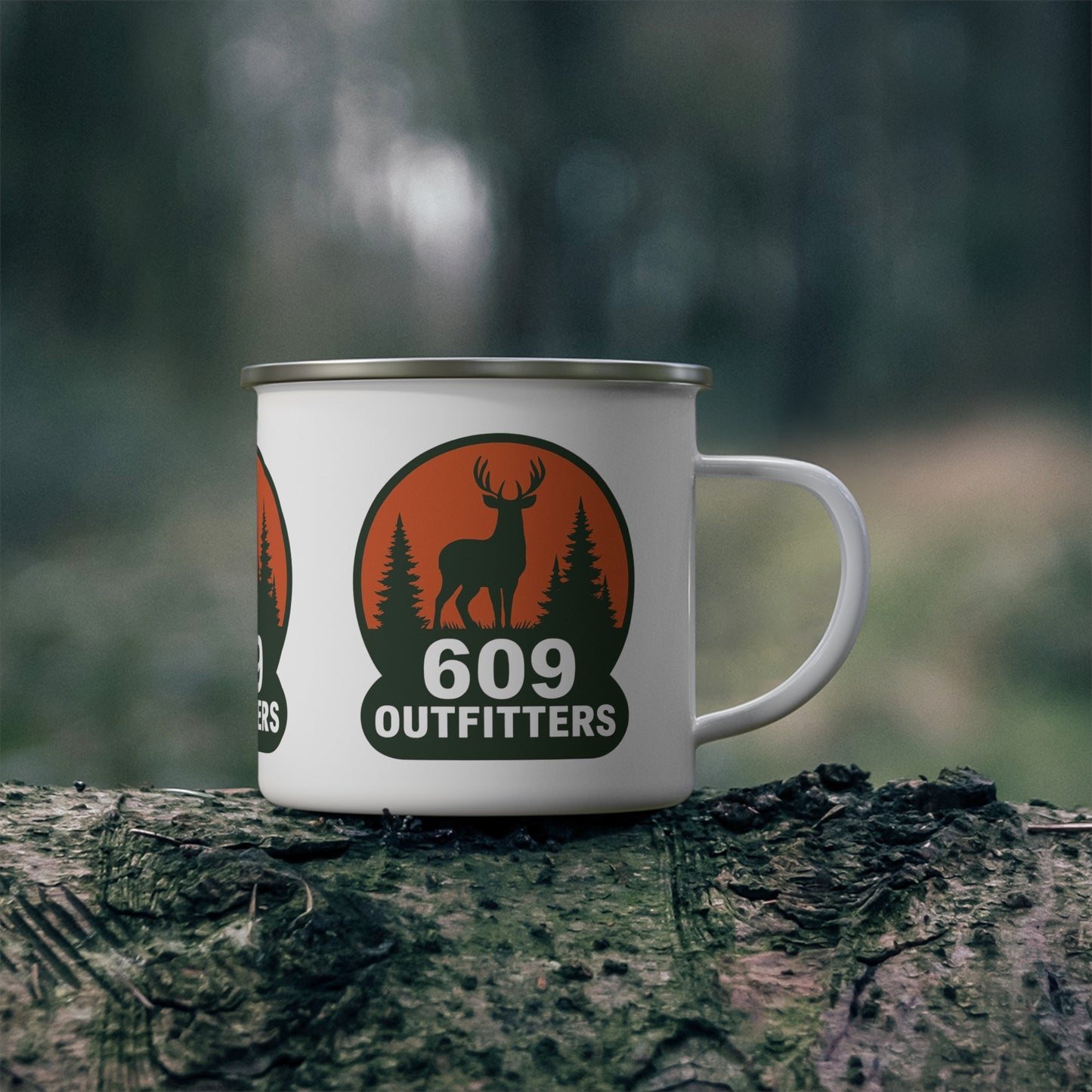 609 Outfitters Enamel Camping Mug — Rustic Outdoor Coffee Cup - Deer Badge Logo White