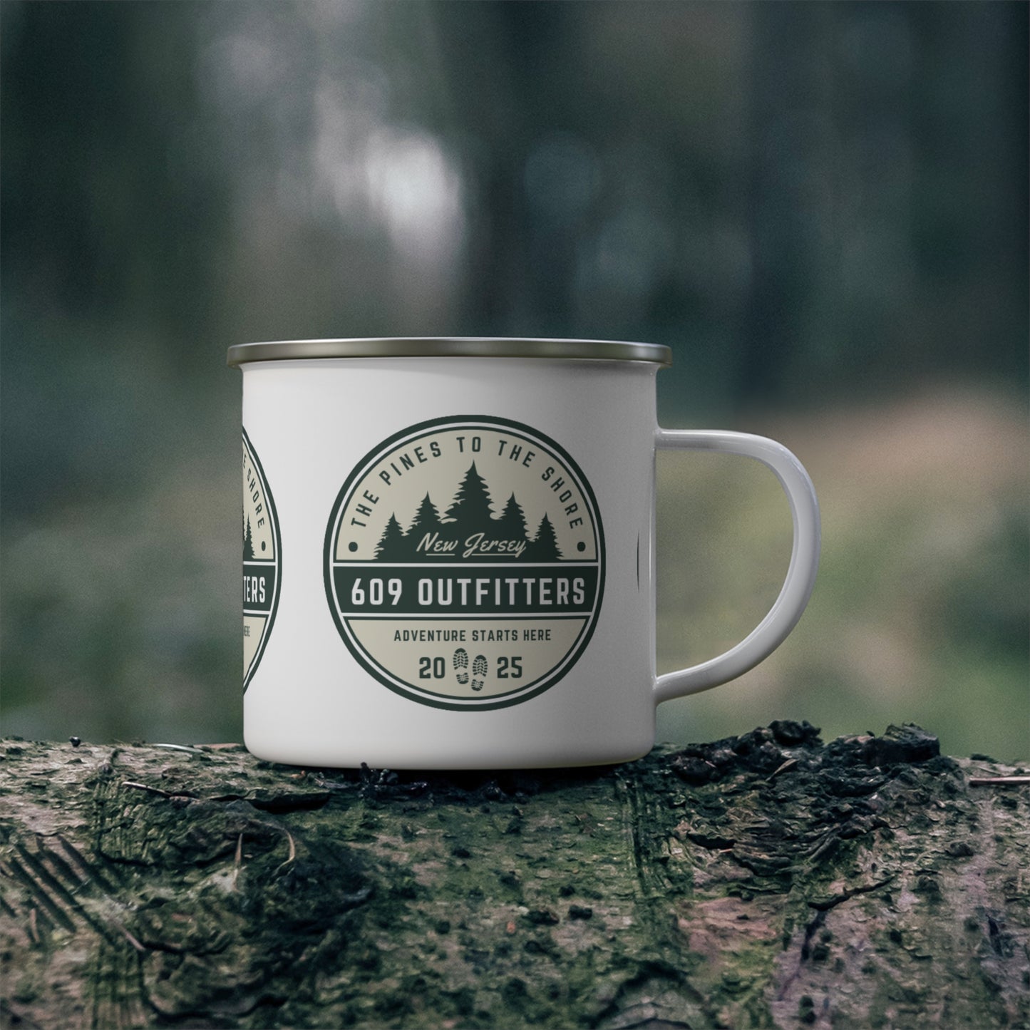 609 Outfitters Enamel Camping Mug — Rustic Outdoor Coffee Cup - Pines Badge Logo